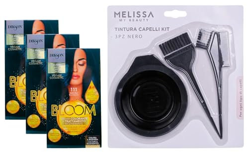 KIT PER TINTA: 3x Crema Colorante Per Capelli Con Trattamento Rigenerante BLOOM 111 NERO BLU, Con Mix Di Oli Biologici e Cheratina Vegetale, Senza Ammoniaca + Set Tinta Capelli Da 3pz