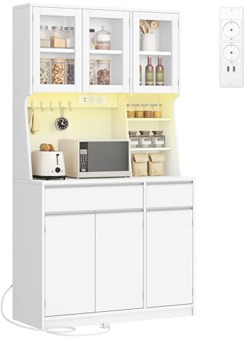 Hzuaneri küchenschrank, Sideboard, Kommode Küche mit Steckdosen und Led-Lichtleisten, mit Arbeitsplatten und Zwei Schubladen, Verstellbare Einlegeböden, Küche, 40 x 100 x 180 cm, Weiß, PT00103XEU