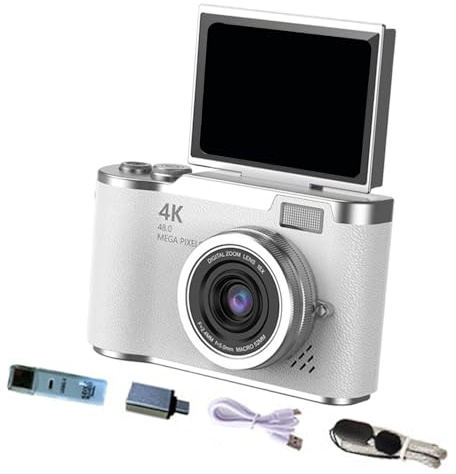 MotiveTech Cámara Digital 4K Digital de 8X, 48 MP, Filtro Incorporado, cámara de vlogueo, Pantalla giratoria de 180° para Principiantes y Adultos, Blanco