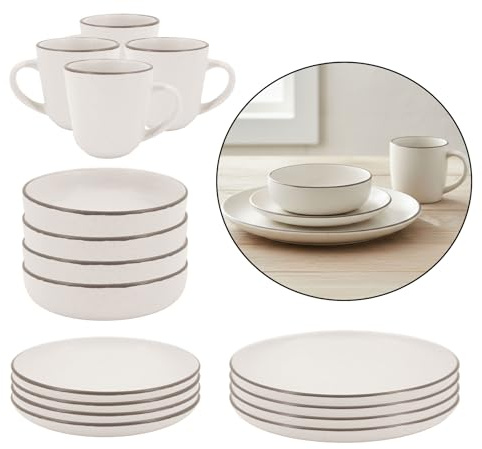 16 st. Porslinsset för 4 personer, stengods krämfärgad, vit, kombimiddagsservis skål, tallrik, mikrovågsugnssäker, kombiservice, modern design