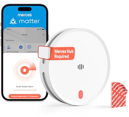 Meross Smart Detector De Humo Conectado con Notificación App, Alarma De Incendios WiFi con Doble Sensor Óptico, Detector De Humos, 33 mm, Hub Requerido, 1 Unidad