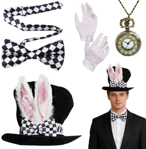 Générique Chapeau en peluche lapin blanc de Pâques, tenue de lapin de Pâques avec gants, montre de poche, nœud papillon à carreaux noir et blanc