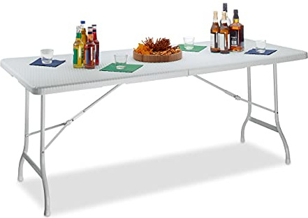 Relaxdays Tavolo da Giardino Pieghevole, Tavolino da Campeggio Picnic, con Maniglia, H x L x P 72x178x74 cm, Bianco