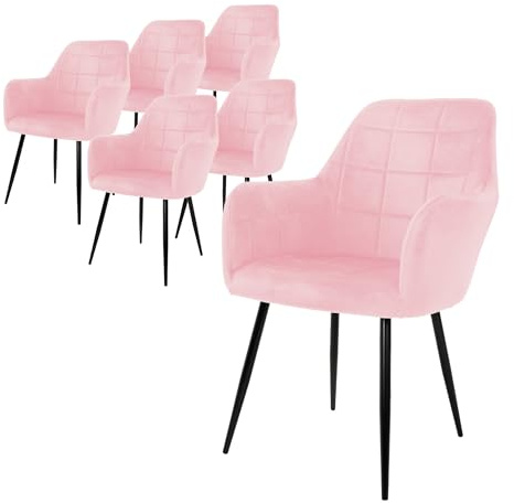 ECD Germany 6er Set Esszimmerstühle mit Rücken- und Armlehnen, Rosa, Küchenstühle mit Samtbezug, Polsterstühle mit Stahlgestell, Ergonomische Stühle für Esstisch, Wohnzimmerstühle Esszimmerstuhl