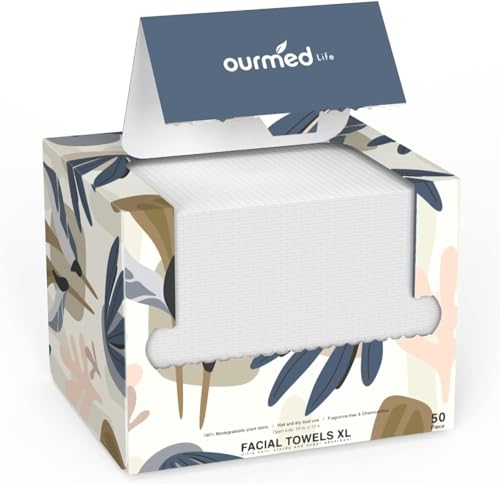 Ourmed Life Face Towels, Disposable Biodegradable Facial Towels for Sensitive Skin, Lint- Free Face Wipes for Washing Face, Skincare and Makeup Remover, Dry Wipes, 10×12 Extra Large, 50 Count