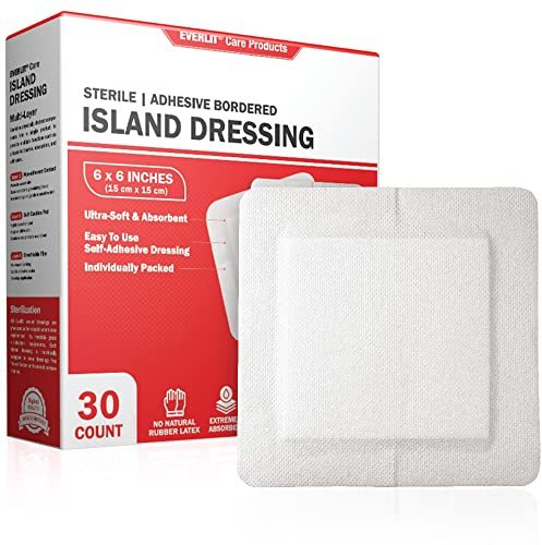 EVERLIT Island Dressing Bordered Gauze | Large Wound Care Bandage with Adhesive Border| Sterile, Soft & Highly Absorbent Medical Grade Dressing Pad (6x6 Inch (Pack of 30))