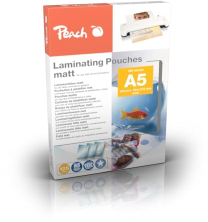 Peach Lamineringsfolier A5 – 125 mic – 100 fickor – matt – skrivbar – premiumkvalitet för bästa lamineringsresultat – kompatibel med enheter från alla varumärkestillverkare – S-PP525-30