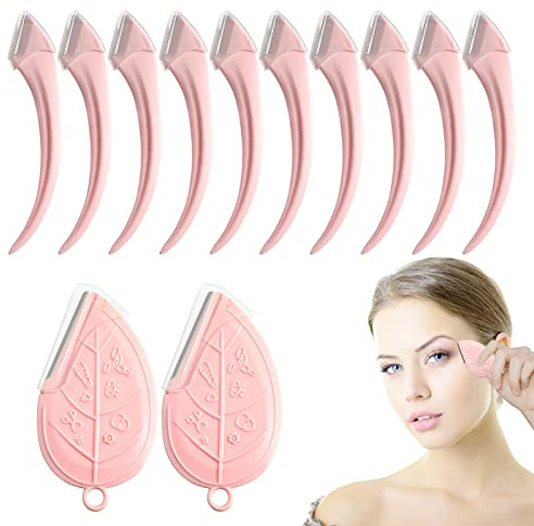 ONEUPIN 12PCS Eyebrow Trimmer Set Stainless Steel Leaves Curved Eyebrow Razor Trimmer Facial Shaver Razor Brow Shaper Suitable for Any Skin Type Hair Removal Accessories for Men Women（Pink）