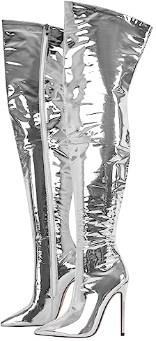 blingqueen Bottes hautes pour femme Stiletto vernies, argenté, 46 EU