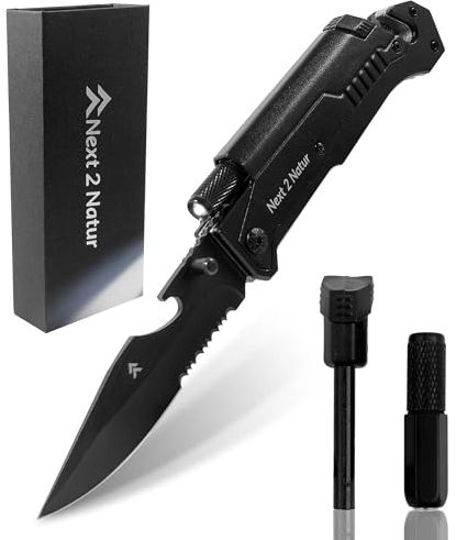 Next 2 Natur Couteau pliant multifonction 7-en-1 avec LED | Outil de poche compact pour camping, randonnée, voiture | Brise-vitre, coupe-ceinture, allume-feu, ouvre-bouteille | Idée Cadeau pour homme