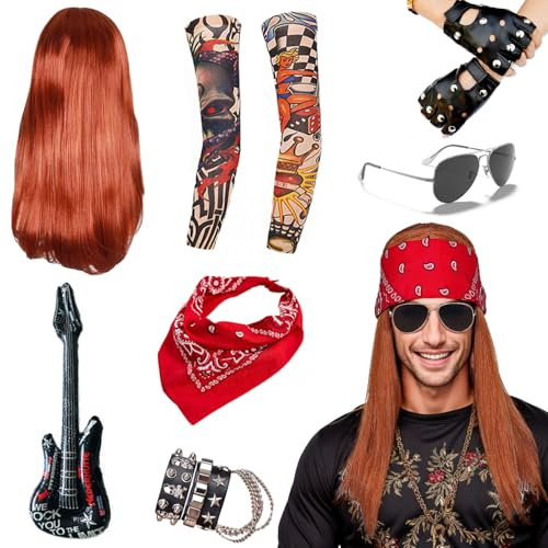 Singtis Herren Kostüm Rock Star 70er 80er 90er Jahre Outfit Herren Gothic Kleidung mit Punk Bandanas Handschuhe,Punk Kette, Lederarmband,Tattoo Ärmel,Sonnenbrille,Perücke，Aufblasbare Gitarre
