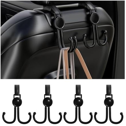 KANDUJIMU Car Headrest Hook, 4 Pack Seat Hangers Storage Organizer for Purse Coat Handbag Grocery Bags, 2 in 1 Dual Hooks Hanger, Universal Strong Backseat Holder Hooks Car Interior Accessories