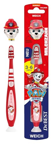 Dr.BEST Paw Patrol mit Reisekappe Zahnbürste, Weich (1 Stück), weiche Borsten und kindgerechter Griff, zufällige Farbe und Charakter