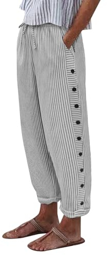 Voqeen Pantalon Été Femme Pantalones Fluide À Taille Élastique avec Boutons Latéraux Pantalon 7/8 Plage Coton Rayé avec Poches Et Cordon De Serrage Léger pour Les Vacances