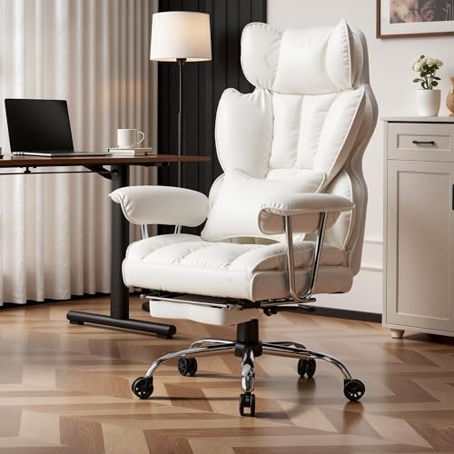 Efomao Desk Office Chair, Big and Tall PU Leather Ergonomic Office Chair, 200KG Adjustable High Back Computer Chair,Executive Swivel Chair with Footrest and Lumbar Support, White