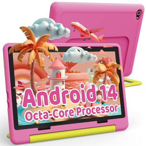 Ainmel Android 14 Kinder Tablet, Octa-Core Prozessor Tablet für Kinder, 14GB+64GB, 5000mAh, Kindersicherung, WiFi 6, Bluetooth 5.3, kindersicheres Gehäuse (Rosa)