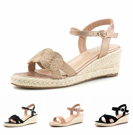 Hitmars Sandalias Mujer Plataforma Cuña Sandalias Verano Espadrilles Zapatos 6 CM Tacón Alpargatas de Cuña Moda con Hebilla Oro EU 39