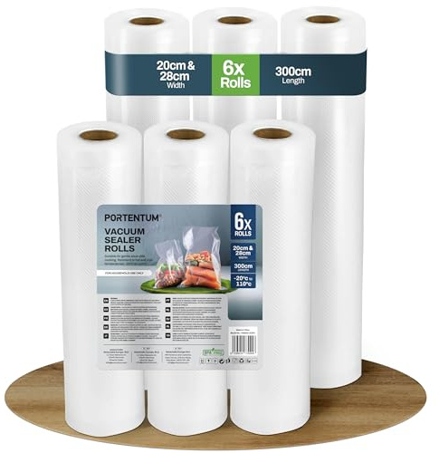 PORTENTUM Tomma matpåsar – 6 rullar vakuumförpackare på 20 cm och 3 x 28 cm. Total längd 1800 cm. Påsar vakuumförpackning mat. Certifierad LFGB och BPA Free