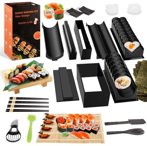 USHOP Kit sushi complet,Sushi maker,Appareil pour fabrication sushi,Deluxe Edition Sushi Maker Kit avec Sushi Rice Rolling Forms, Fourchette, Couteau à sushi, Sushi Rolling Mat, Baguettes