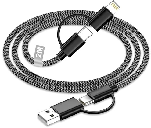 Multiladdningskabel 2M, 4-i-1-laddningskabel, flätad multiladdningskabel, 60W snabbladdning, USB-A/USB-C till Lightning-kabel, USB-A/USB-C till USB-C-kabel för iPhone, iPad och Android