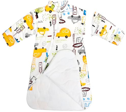 FLYISH DIRECT 2.5 Tog Baby Sleeping Bag with Detachable Sleeves, Baby Swaddle Bag with Fold-over Cuffs, 100% Cotton Warm & Soft, 2.5 Tog Winter Sleep Sack for Toddlers, Vehicles, L
