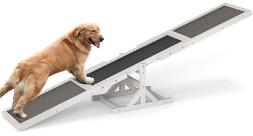 GOPLUS Agility pour Chien em Bois de Sapin, Balançoire pour Chien, Équipement d'Entraînement à l'Équilibre Charge 30 KG avec Plaque en Feutre d'Asphalte Sableux Antidérapant, Bascule d'Agilité (Blanc)