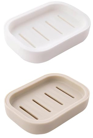 2PCS Soap Dish, Shower Soap Dish with Drainage, Easy Cleaning Keep Dry Stop Mushy for Bathroom, Kitchen, White and Khaki