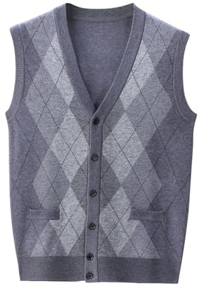 RLEHJN Men's Sleeveless Jumpers & Knitted Gilets V Neck Knit Sweater Vest Checked Cardigan Knitwear Smart Casual Wool Jumper Front Button Down Knitted Waistcoats Tank Tops with Pockets M-3XL Gray
