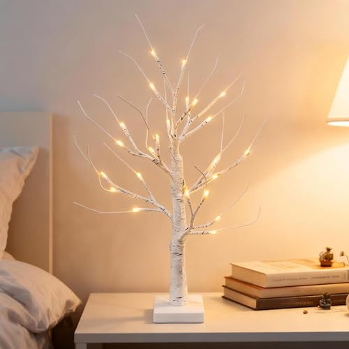 White Twig Christmas Tree with Lights 2FT Tabletop Mini Birch Tree 24 Warm White LEDs Battery Operated for Home Party Wedding Easter Christmas Decoration