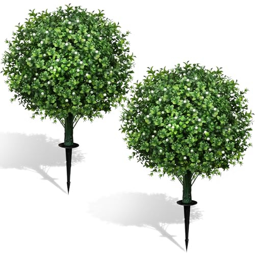 Flores Artificiales Decoracion, Plantas Artificiales Exterior 2 Bolas Topiarias de Boj Falso, Arbustos de Plástico para la Puerta Principal, Jardín y Decoración Interior del Hogar