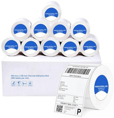 Etiquetas de envío térmico directo de 100 x 150 mm / 4in x6in, 5000 etiquetas, 10 rollos de 500 etiquetas autoadhesivas blancas de alta calidad, compatibles con impresoras Zebra y MUNBYN para Amazon