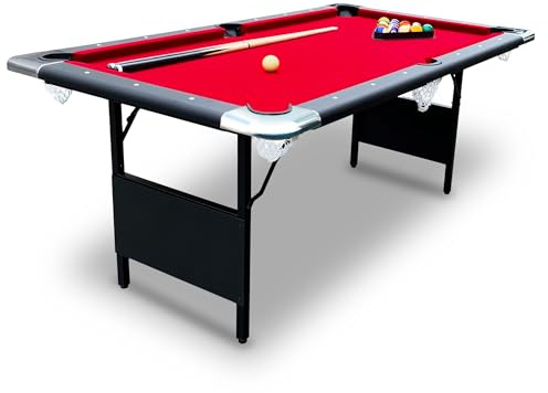 Hathaway Fairmont 6 Foot Folding Pool Table – Includes Full Set of Billiard Balls, Cues, Chalk, Triangle, and Carrying Bag – Portable Billiard Table with Red Felt, Black Finish