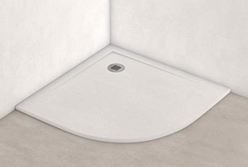 Plato Ducha Resina Semicircular Efecto Pizarra Extraplano, Resistente al Rayado, Antideslizante y Muy Agradable al Tacto. Ideal para Espacios Reducidos 80 x 80 Blanco