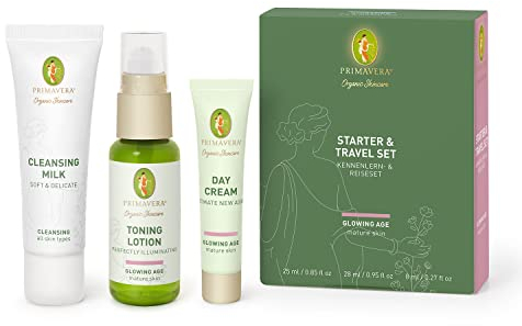 PRIMAVERA Starter & Travel Set Glowing Age - Naturkosmetik - Kennenlern- & Reiseset für reife, anspruchsvolle Haut - Geschenkbox Reinigung, Toner, Pflege - vegan