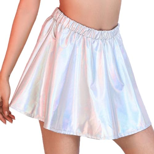 Flovel Damen Glänzender Metallischer Faltenrock Stretch Skater Rocke Wetlook Rock Shiny Rave Party Festival Kostüm für Frauen und Mädchen (Laser)