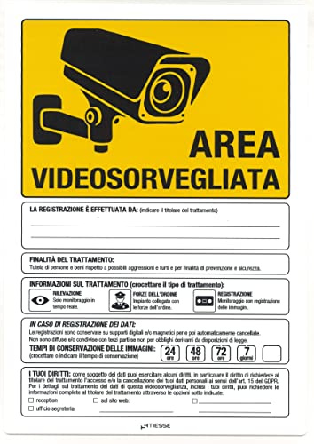 TIESSE - Cartello AREA VIDEOSORVEGLIATA - conforme GDPR 2016/679, EDPB 3/2019 aggiornato a gennaio 2020, D.Lgs. 101/2018 - Forex (PVC espanso) non adesivo - Dimensione: 297x210 mm - MADE IN ITALY