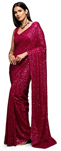 TRENDMALLS Sari lourd en georgette à paillettes pour femme avec chemisier, rose, taille unique