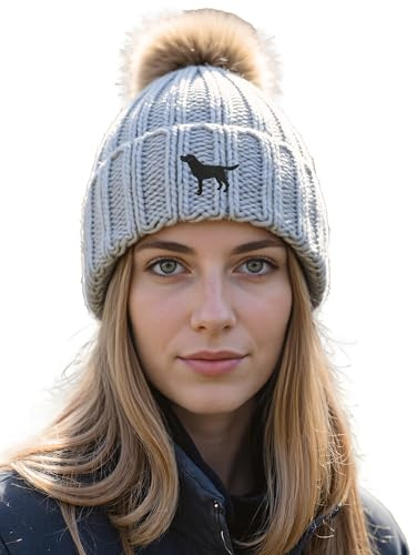 The House Of Dog: Black Labrador Retriever Owner Gift. Faux Fur Pom Pom Chunky Knit Super Soft Unisex Embroidered Beanie Grey