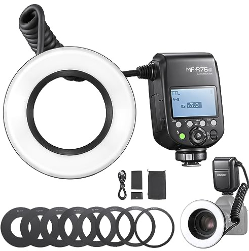 GODOX Macro Ring Flash for Sony MF-R76S TTL/M Mode CCT 5900K 76Ws 2.4G Wireless Control 550 Full-Power Flashes 0.1-1s Recycle Time Dual-Flash Tubes with LCD Screen for Inscet Plant Jewelry Shooting
