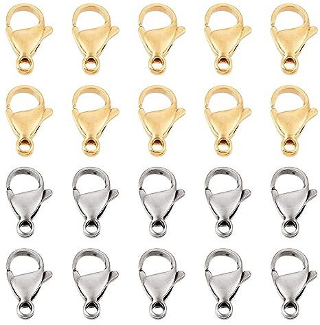 Bestewelry Set di 100 chiusure a moschettone da 15 mm, placcati in oro 24 K, in acciaio inox 304, per la creazione di gioielli, bracciali, collane