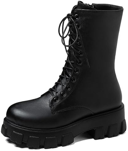 OALEEN Bottes Militaire Femme Hiver à Lacets Talon Carré Effet Cuir Bottines Combat Chaussures Montantes Plateforme Noir 39