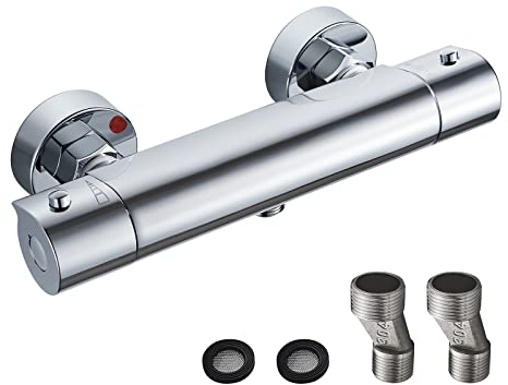 Thermostatic Shower Mixer Bar, Wall Mounted Thermostatic Shower Mixer Valve 38°C Anti Scald, Exposed Shower Mixer Tap, Hot & Cold Water Intelligent Constant Temperature, Solid Brass, Chrome