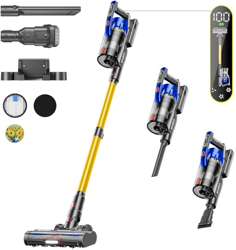Anyson Akku Staubsauger, 45KPA/550W Staubsauger Kabellos,60 Minuten Laufzeit,Doppeltes Griffdesign,1.5L Staubsauger OLED-Display für Hartböden/Teppich