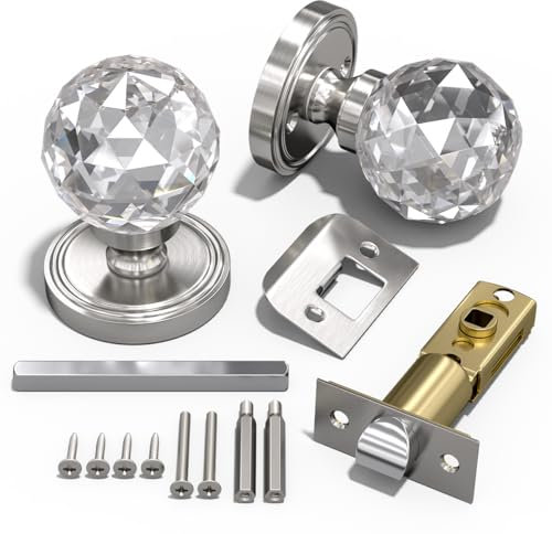 Bwintech 1 coppia di pomelli per porte in nichel spazzolato, maniglia per porte interne in cristallo stile palazzo da 65 mm con kit per passaggio, camera da letto, corridoio