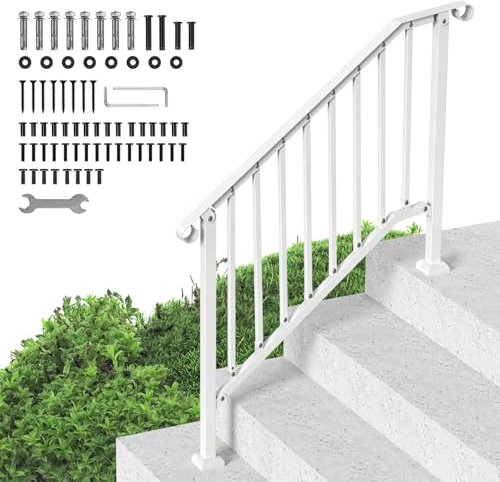 VEVOR Handrails for Outdoor Steps, 3-4 Step Stair Hand Rail Kit, Transitional Carbon Steel Railings with Installation Kit, Stair Rails for Seniors, Concrete Steps & Porch & Deck, White Retro Arch