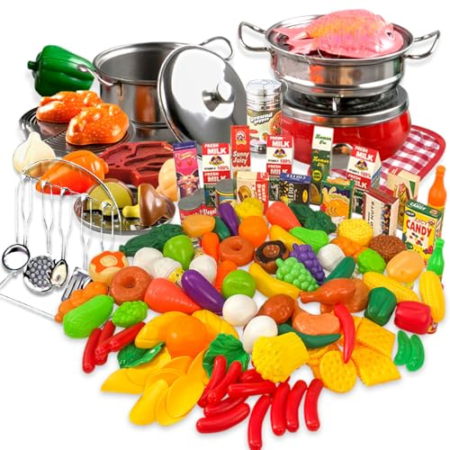 Koolbitz 145PCS Pretend Play Kitchen Set for Kids with Stainless Steel Cookware, Cooking Utensils, and Play Food - Educational Role-Playing Toy for Toddlers and Children for Ages 3+