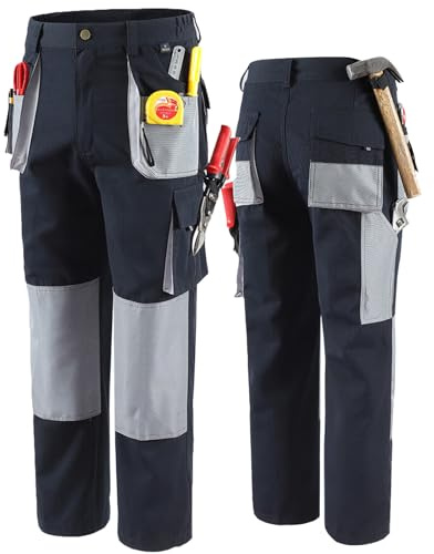 ORSJA Work Trousers Men,Wear-Resistant Cargo Trousers with Multi-Functional Pockets,Reinforced Knee Pad, Elastic Waistband & Hammer Loop, Work Pants for Builders, Carpenter & Painters,34W / 33L Blue