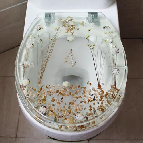 WC Deckel aus Harz, WC Sitze mit Absenkautomatik und Edelstahl Scharnieren, Runden Toilettensitz, Einfache Montage, Leicht zu Reinigen, Transparente Getrocknete Blumen Klobrille, 44x36.5cm
