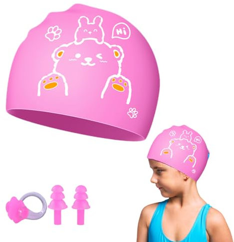 RTRTGS RT 1PC Bonnet de Bain pour Fille Cheveux Longs, en Silicone, Imperméable, Bonnet de Bain Enfant, Bonnet Piscine Enfant, avec Bouchons d'oreille et Pince-Nez