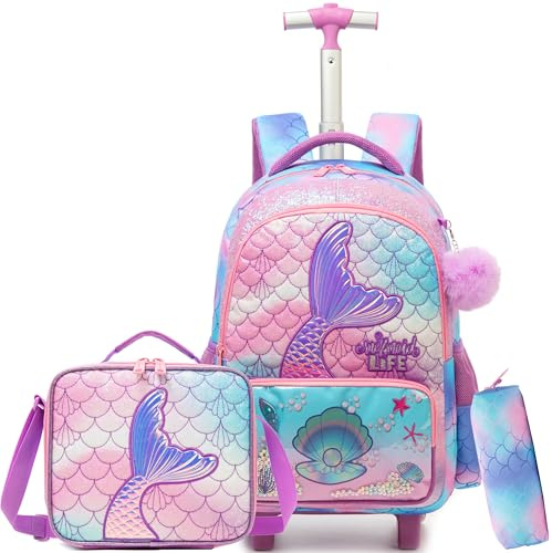 HTgroce Mochila Escolar Niñas con Ruedas, Escolar con Ruedas, Sirena Estudiantes de Primaria Carros para Mochilas Equipaje de Viaje.